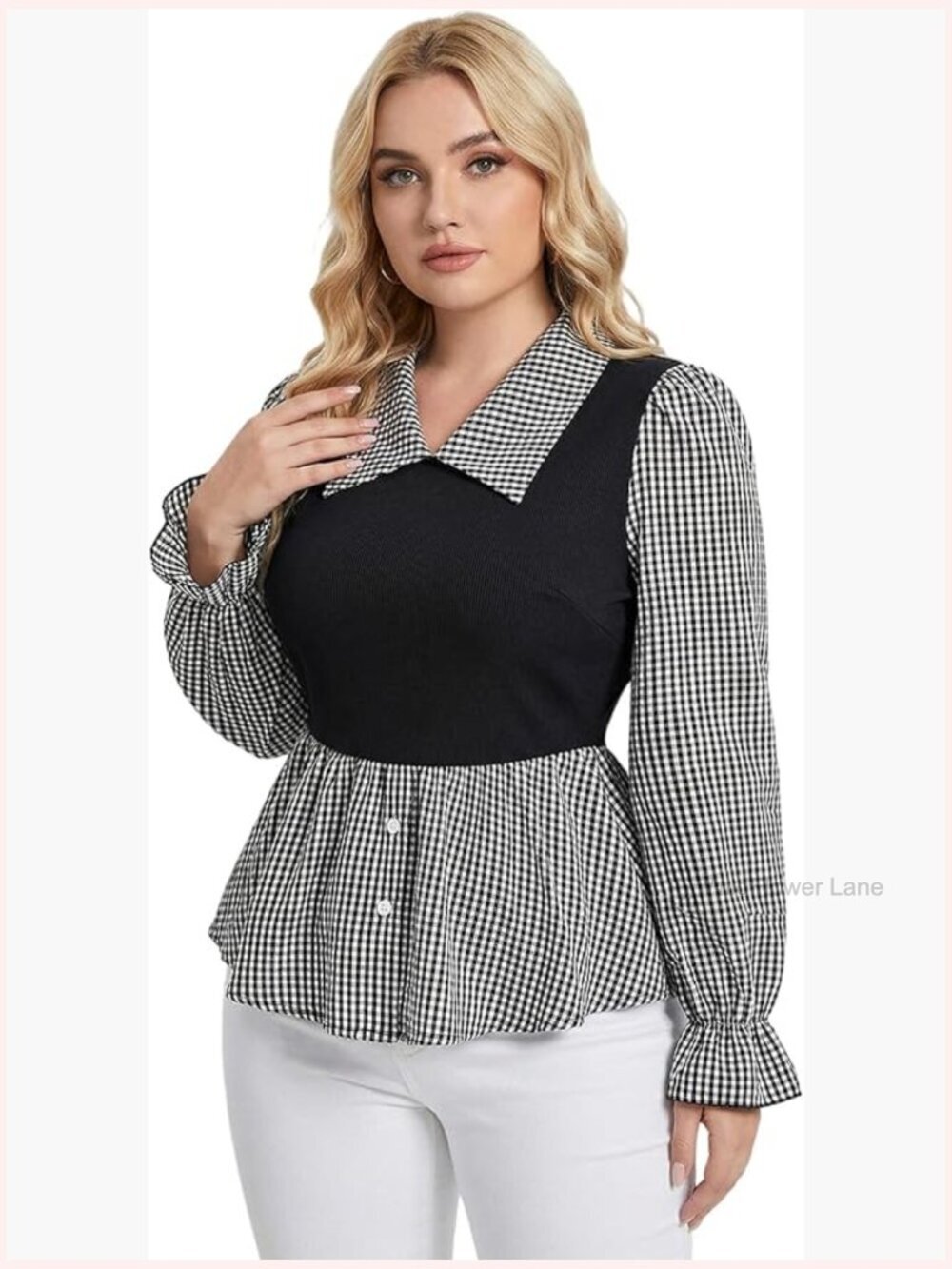 Plus Size Plaid Peplum Blouse Collared Puff Long Sleeve Tunic Business Casual
